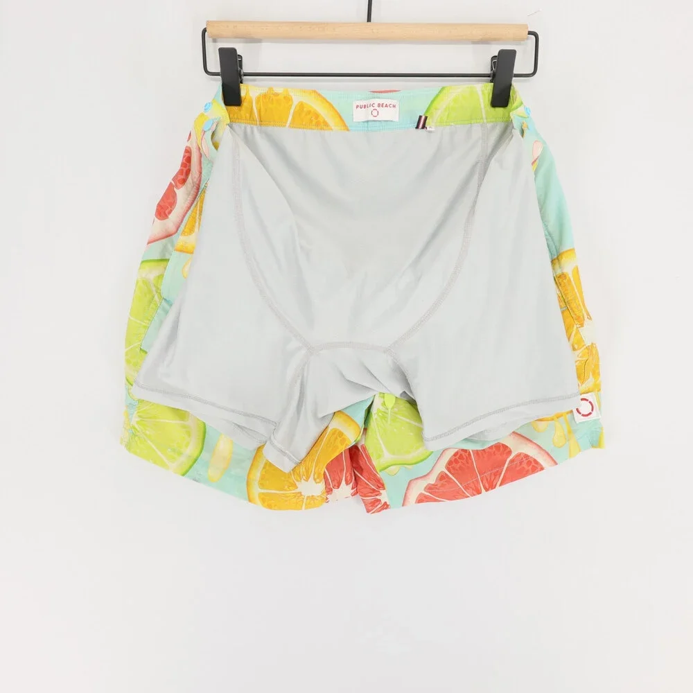 Public Beach Swim Trunks Mens M Blue Citrus Fruit Print Board Shorts Lined